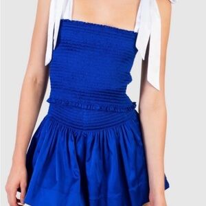 Koch Blue Smocked Set: Ruched Blue top with White Bow Straps matching Blue skirt